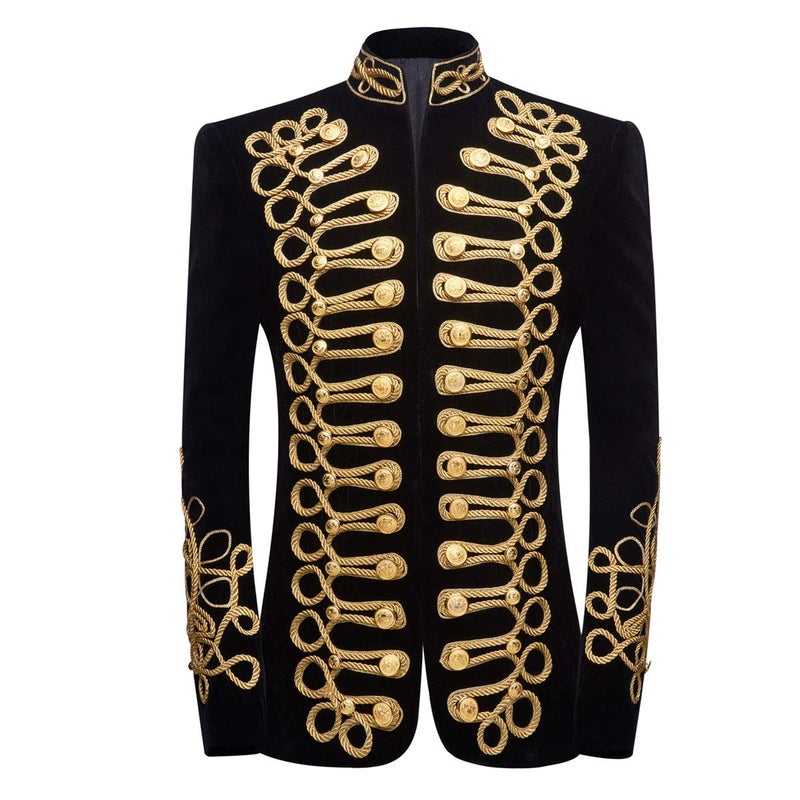 PYJTRL Mens Stylish Court Prince Black Velvet Gold Embroidery Blazer Suit Jacket (Black Gold, 36) - Image 1